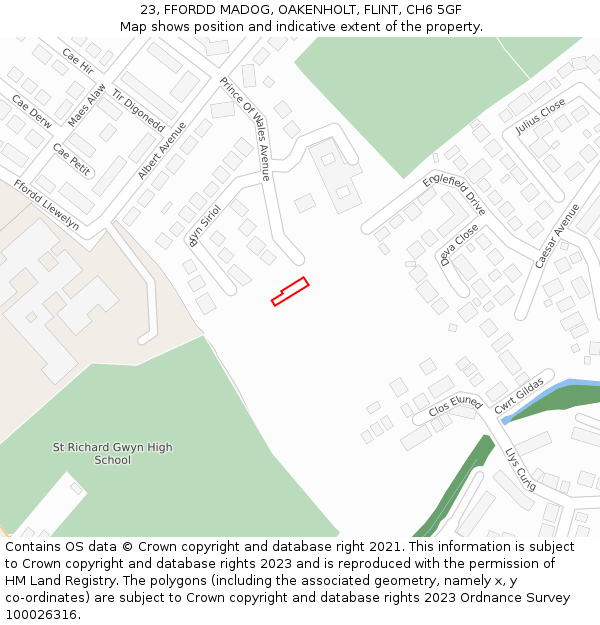 23, FFORDD MADOG, OAKENHOLT, FLINT, CH6 5GF: Location map and indicative extent of plot