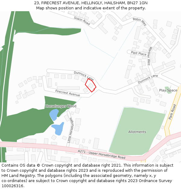 23, FIRECREST AVENUE, HELLINGLY, HAILSHAM, BN27 1GN: Location map and indicative extent of plot