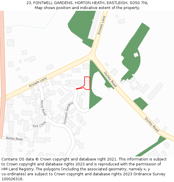 23, FONTWELL GARDENS, HORTON HEATH, EASTLEIGH, SO50 7NL: Location map and indicative extent of plot