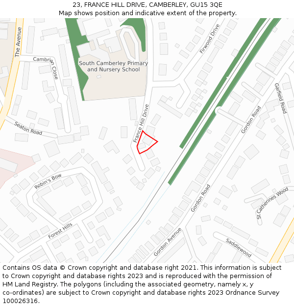 23, FRANCE HILL DRIVE, CAMBERLEY, GU15 3QE: Location map and indicative extent of plot