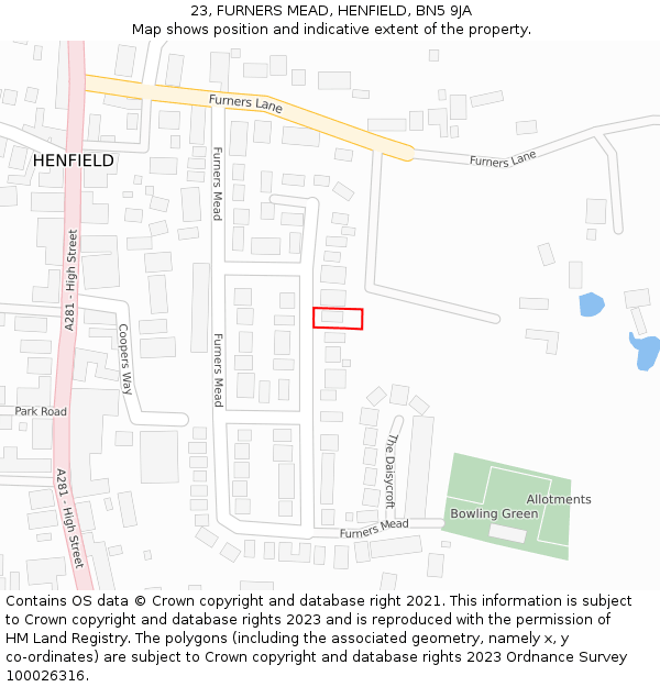 23, FURNERS MEAD, HENFIELD, BN5 9JA: Location map and indicative extent of plot