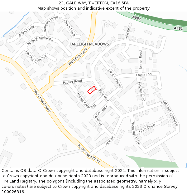 23, GALE WAY, TIVERTON, EX16 5FA: Location map and indicative extent of plot