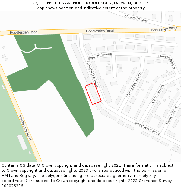 23, GLENSHIELS AVENUE, HODDLESDEN, DARWEN, BB3 3LS: Location map and indicative extent of plot