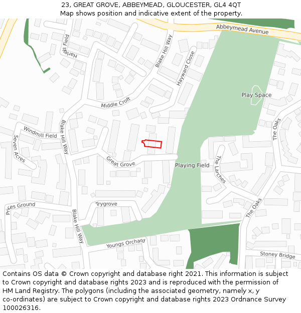 23, GREAT GROVE, ABBEYMEAD, GLOUCESTER, GL4 4QT: Location map and indicative extent of plot