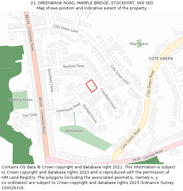 23, GREENBANK ROAD, MARPLE BRIDGE, STOCKPORT, SK6 5ED: Location map and indicative extent of plot