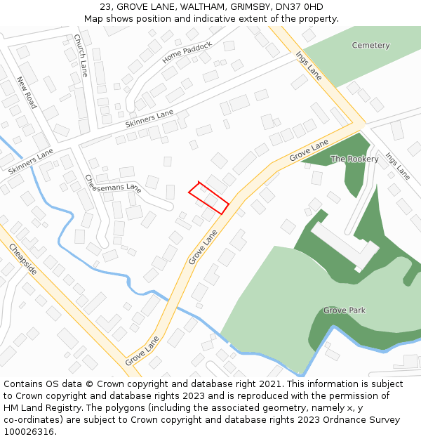 23, GROVE LANE, WALTHAM, GRIMSBY, DN37 0HD: Location map and indicative extent of plot