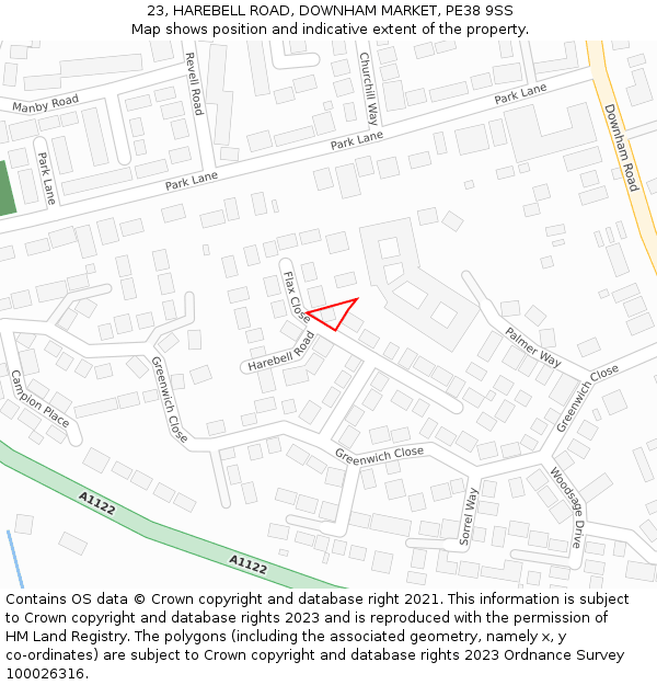 23, HAREBELL ROAD, DOWNHAM MARKET, PE38 9SS: Location map and indicative extent of plot