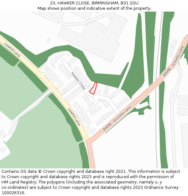 23, HAWKER CLOSE, BIRMINGHAM, B31 2GU: Location map and indicative extent of plot