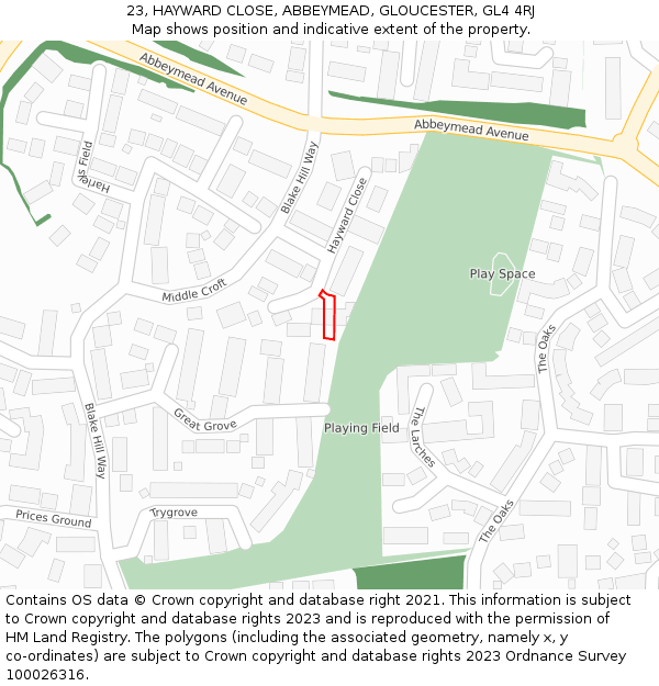 23, HAYWARD CLOSE, ABBEYMEAD, GLOUCESTER, GL4 4RJ: Location map and indicative extent of plot