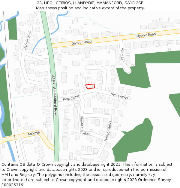 23, HEOL CEIRIOS, LLANDYBIE, AMMANFORD, SA18 2SR: Location map and indicative extent of plot