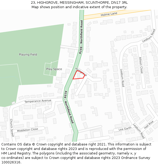 23, HIGHGROVE, MESSINGHAM, SCUNTHORPE, DN17 3RL: Location map and indicative extent of plot