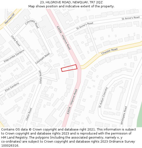 23, HILGROVE ROAD, NEWQUAY, TR7 2QZ: Location map and indicative extent of plot