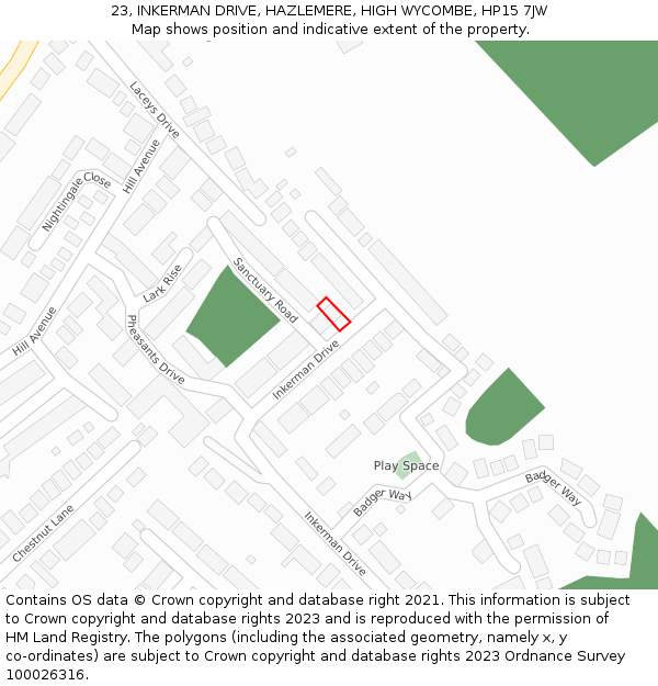 23, INKERMAN DRIVE, HAZLEMERE, HIGH WYCOMBE, HP15 7JW: Location map and indicative extent of plot