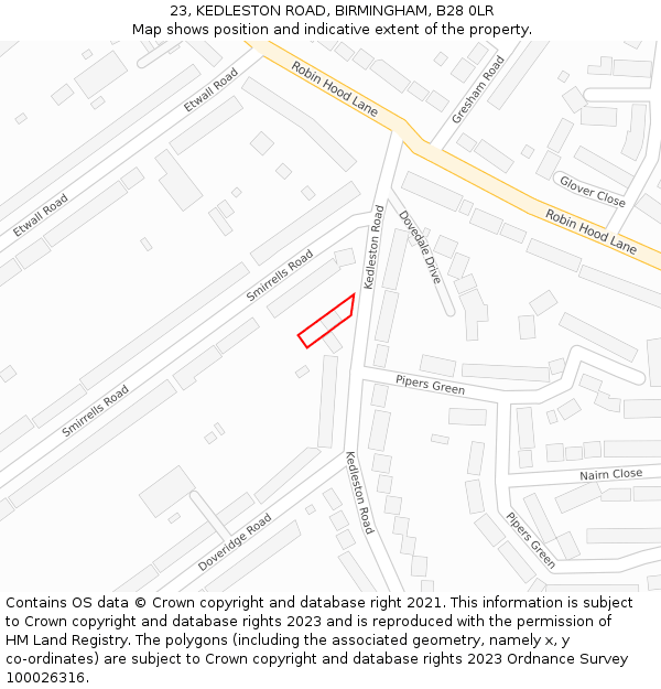 23, KEDLESTON ROAD, BIRMINGHAM, B28 0LR: Location map and indicative extent of plot