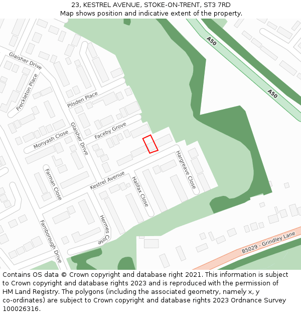 23, KESTREL AVENUE, STOKE-ON-TRENT, ST3 7RD: Location map and indicative extent of plot