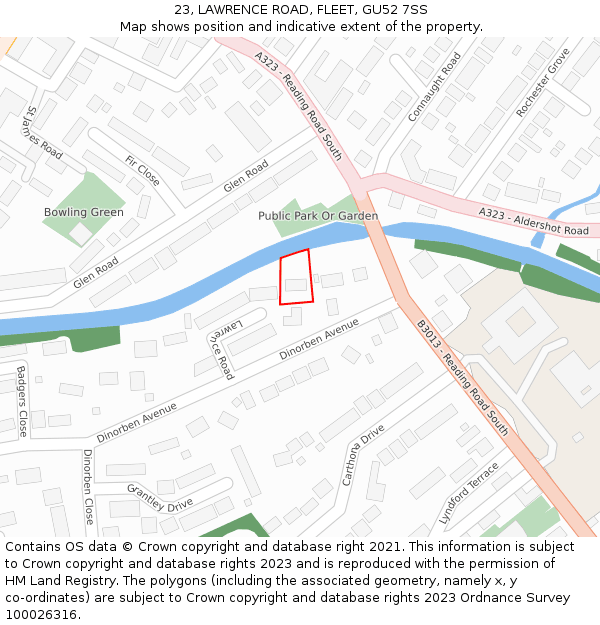 23, LAWRENCE ROAD, FLEET, GU52 7SS: Location map and indicative extent of plot