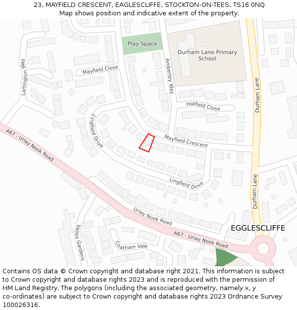 23, MAYFIELD CRESCENT, EAGLESCLIFFE, STOCKTON-ON-TEES, TS16 0NQ: Location map and indicative extent of plot