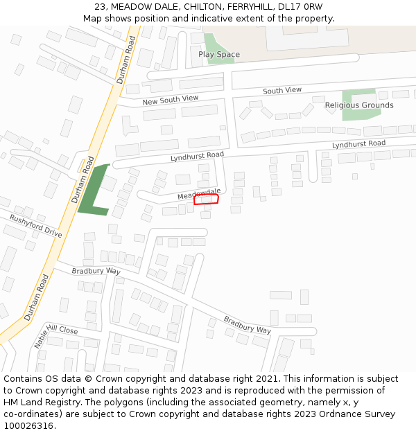 23, MEADOW DALE, CHILTON, FERRYHILL, DL17 0RW: Location map and indicative extent of plot