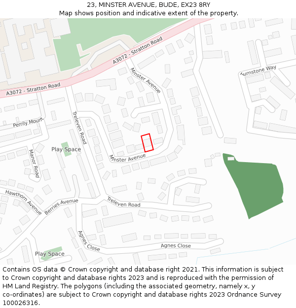 23, MINSTER AVENUE, BUDE, EX23 8RY: Location map and indicative extent of plot