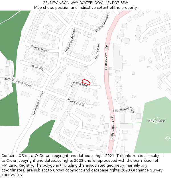 23, NEVINSON WAY, WATERLOOVILLE, PO7 5FW: Location map and indicative extent of plot