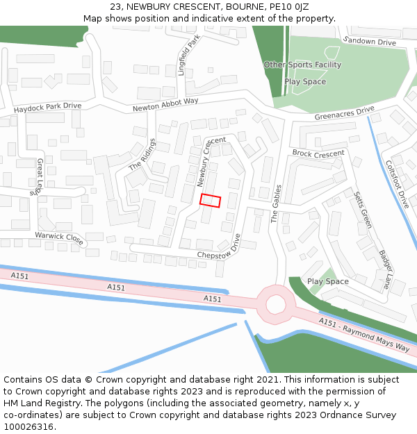 23, NEWBURY CRESCENT, BOURNE, PE10 0JZ: Location map and indicative extent of plot