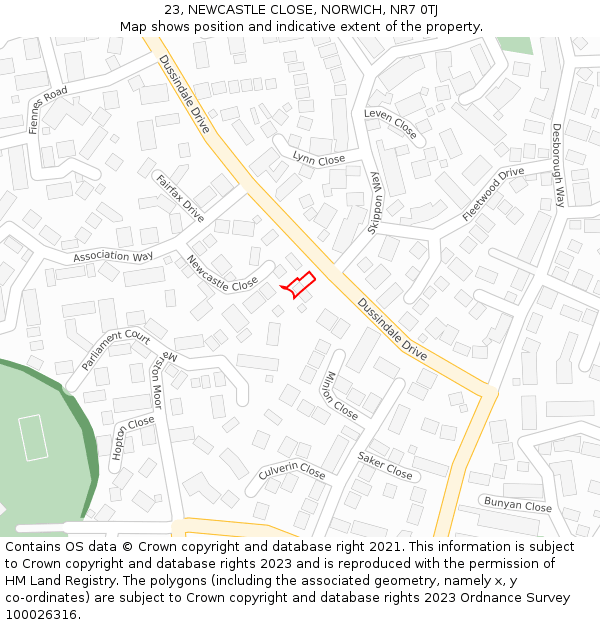 23, NEWCASTLE CLOSE, NORWICH, NR7 0TJ: Location map and indicative extent of plot