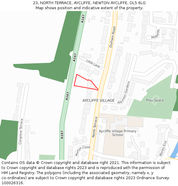 23, NORTH TERRACE, AYCLIFFE, NEWTON AYCLIFFE, DL5 6LG: Location map and indicative extent of plot