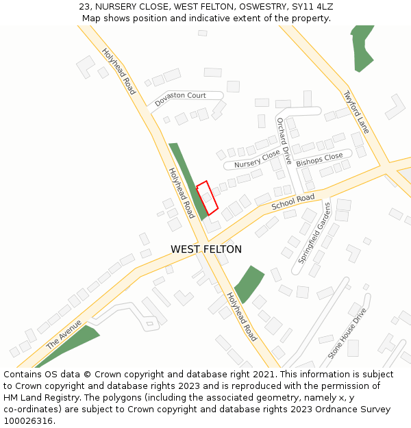 23, NURSERY CLOSE, WEST FELTON, OSWESTRY, SY11 4LZ: Location map and indicative extent of plot