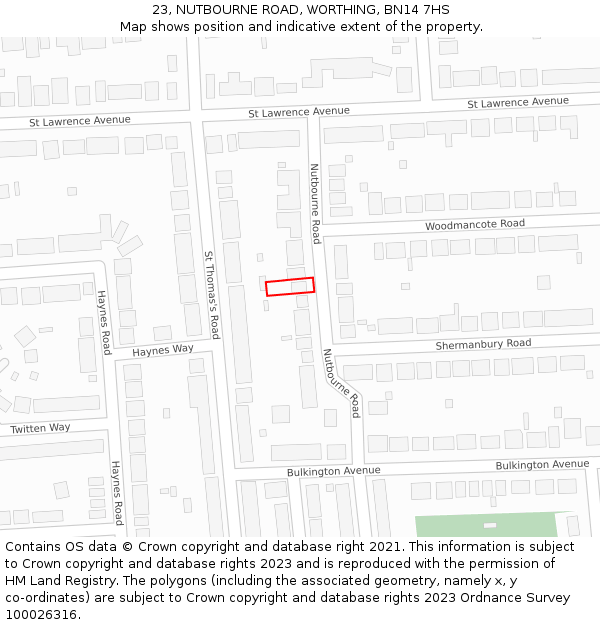 23, NUTBOURNE ROAD, WORTHING, BN14 7HS: Location map and indicative extent of plot