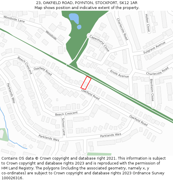 23, OAKFIELD ROAD, POYNTON, STOCKPORT, SK12 1AR: Location map and indicative extent of plot