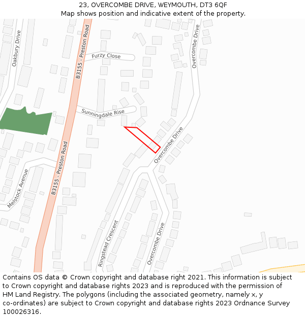 23, OVERCOMBE DRIVE, WEYMOUTH, DT3 6QF: Location map and indicative extent of plot