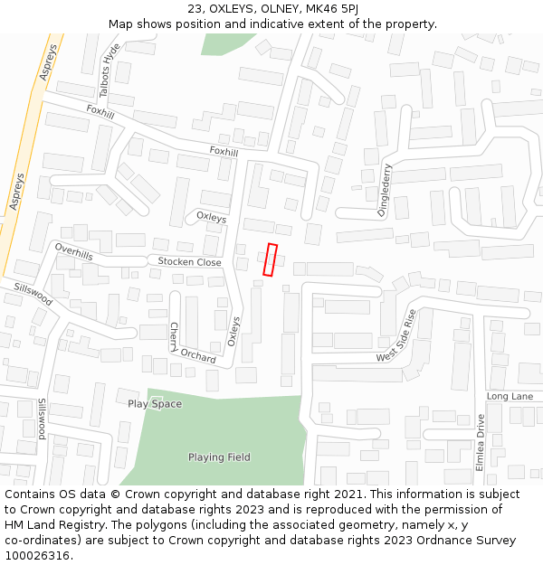 23, OXLEYS, OLNEY, MK46 5PJ: Location map and indicative extent of plot