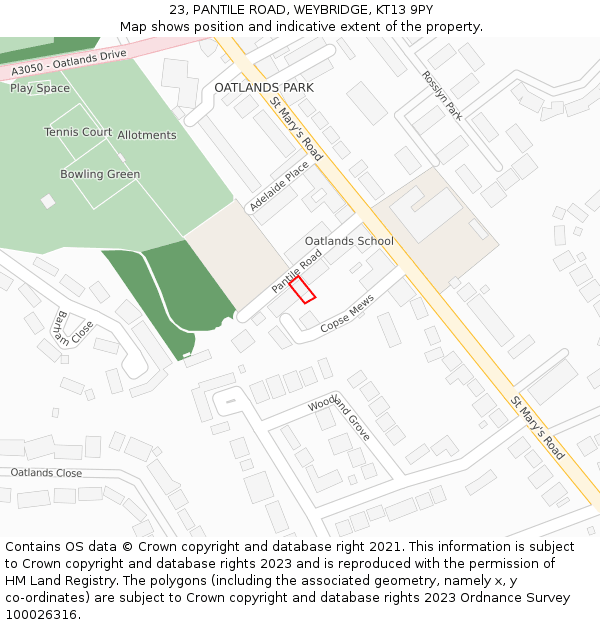 23, PANTILE ROAD, WEYBRIDGE, KT13 9PY: Location map and indicative extent of plot