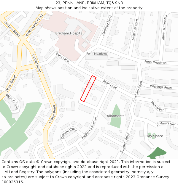 23, PENN LANE, BRIXHAM, TQ5 9NR: Location map and indicative extent of plot