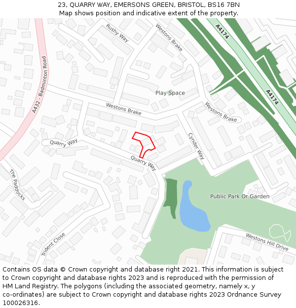 23, QUARRY WAY, EMERSONS GREEN, BRISTOL, BS16 7BN: Location map and indicative extent of plot