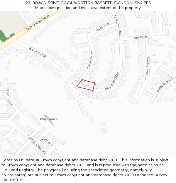 23, ROWAN DRIVE, ROYAL WOOTTON BASSETT, SWINDON, SN4 7ES: Location map and indicative extent of plot