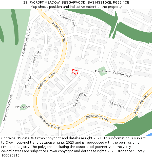 23, RYCROFT MEADOW, BEGGARWOOD, BASINGSTOKE, RG22 4QE: Location map and indicative extent of plot