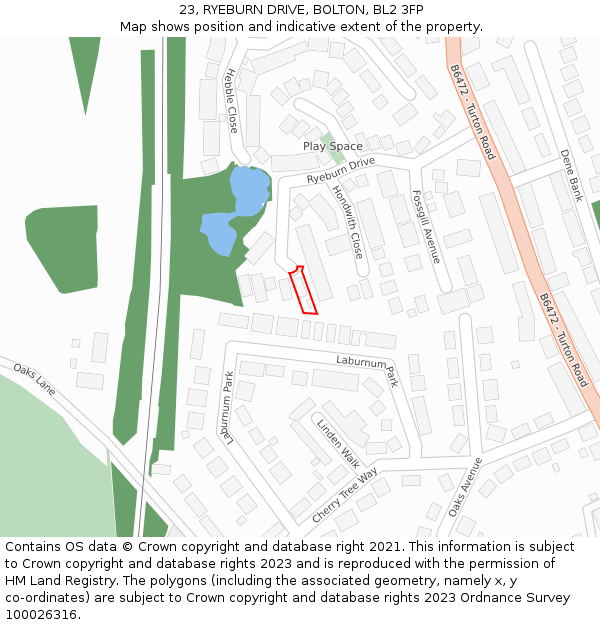 23, RYEBURN DRIVE, BOLTON, BL2 3FP: Location map and indicative extent of plot