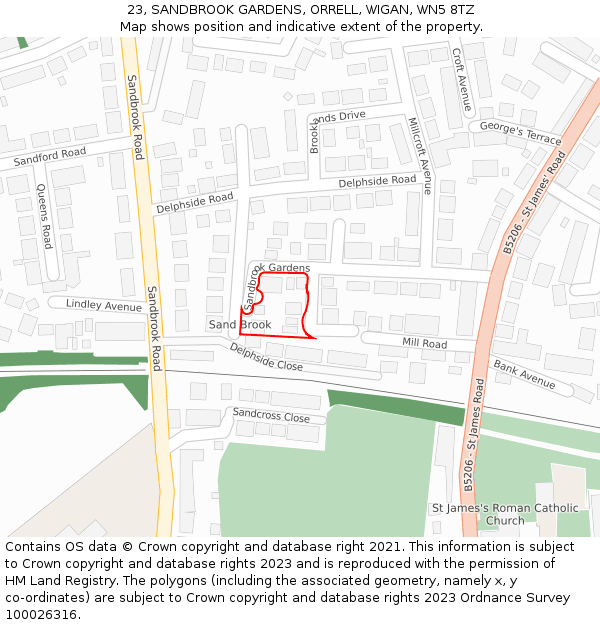 23, SANDBROOK GARDENS, ORRELL, WIGAN, WN5 8TZ: Location map and indicative extent of plot