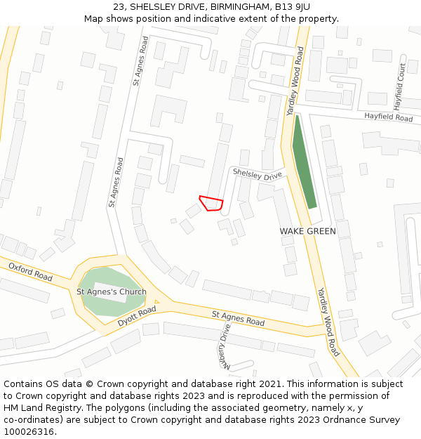 23, SHELSLEY DRIVE, BIRMINGHAM, B13 9JU: Location map and indicative extent of plot