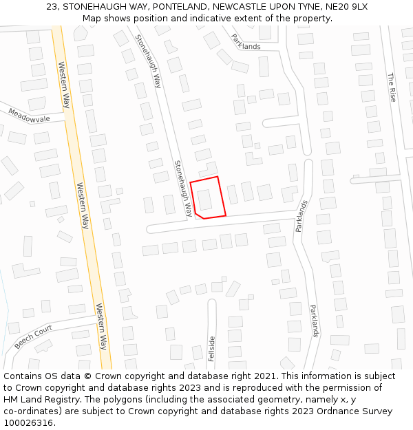 23, STONEHAUGH WAY, PONTELAND, NEWCASTLE UPON TYNE, NE20 9LX: Location map and indicative extent of plot