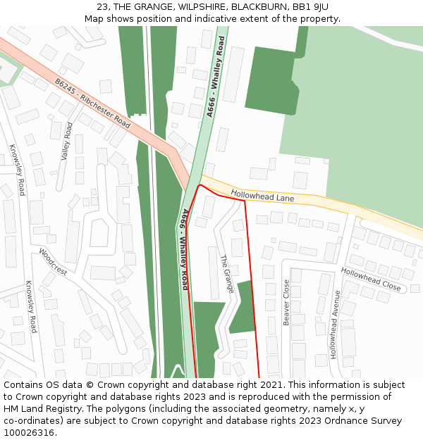 23, THE GRANGE, WILPSHIRE, BLACKBURN, BB1 9JU: Location map and indicative extent of plot