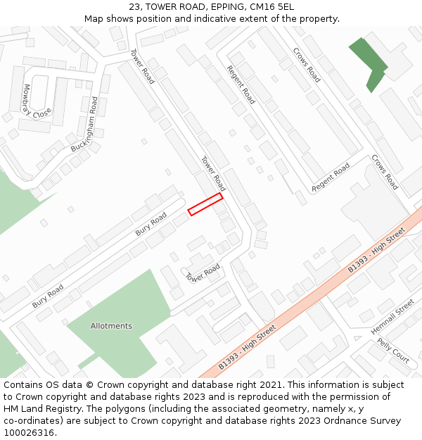 23, TOWER ROAD, EPPING, CM16 5EL: Location map and indicative extent of plot