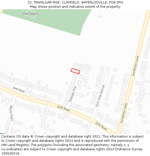 23, TRAFALGAR RISE, CLANFIELD, WATERLOOVILLE, PO8 0PN: Location map and indicative extent of plot