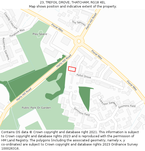 23, TREFOIL DROVE, THATCHAM, RG18 4EL: Location map and indicative extent of plot