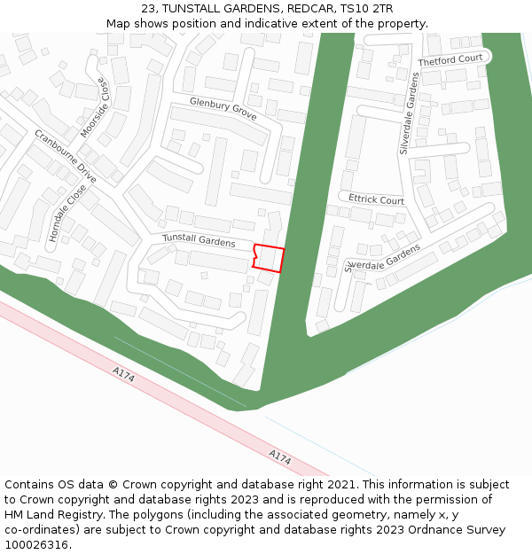 23, TUNSTALL GARDENS, REDCAR, TS10 2TR: Location map and indicative extent of plot