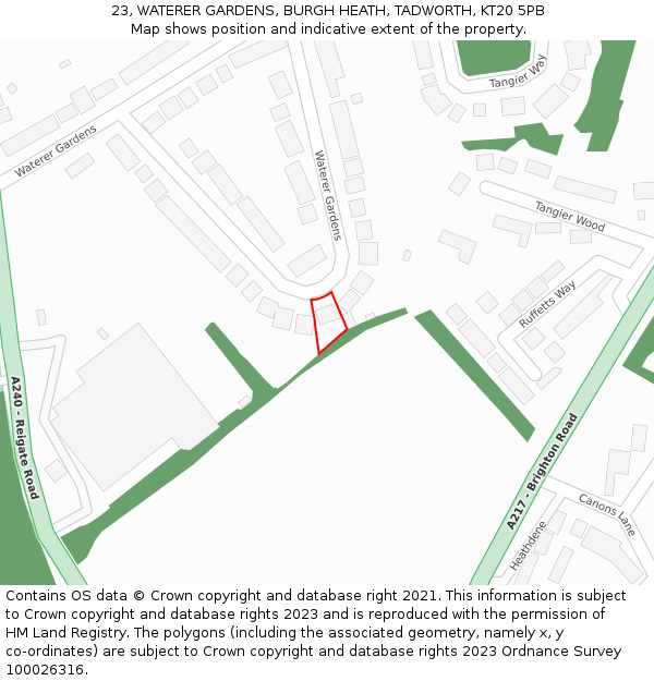 23, WATERER GARDENS, BURGH HEATH, TADWORTH, KT20 5PB: Location map and indicative extent of plot