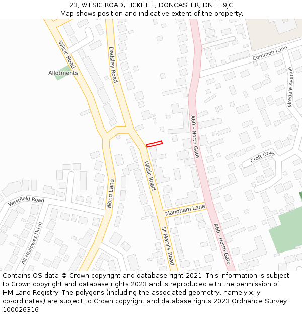 23, WILSIC ROAD, TICKHILL, DONCASTER, DN11 9JG: Location map and indicative extent of plot