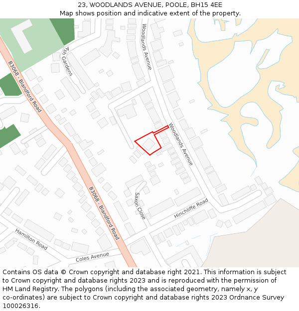 23, WOODLANDS AVENUE, POOLE, BH15 4EE: Location map and indicative extent of plot