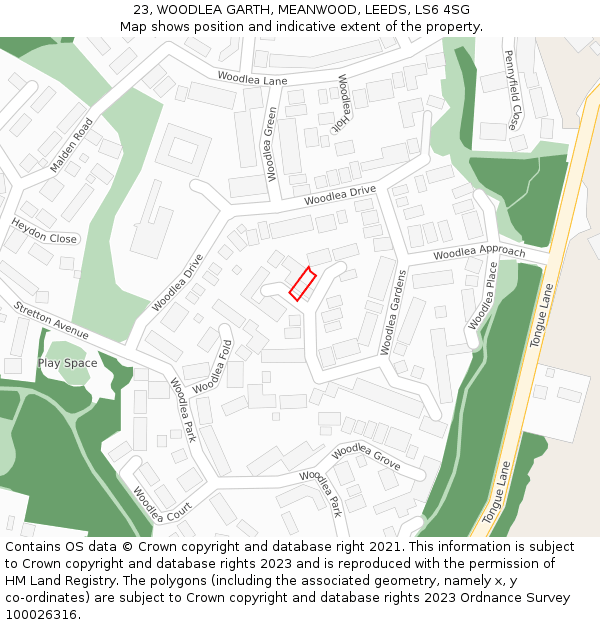 23, WOODLEA GARTH, MEANWOOD, LEEDS, LS6 4SG: Location map and indicative extent of plot